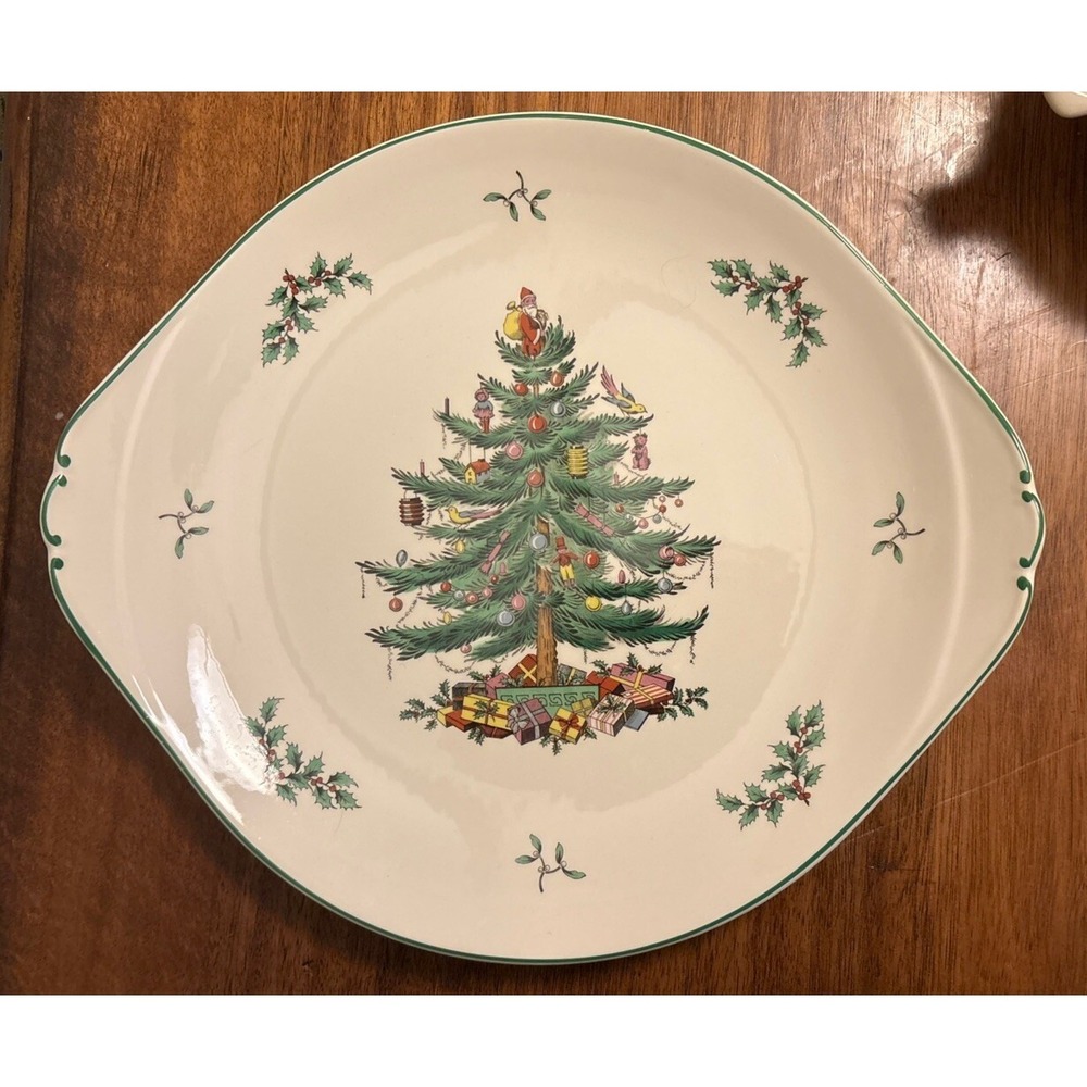 Spode Christmas Tree Curved Handled Cake Plate Platter S3324U  - 11.5" x 13"